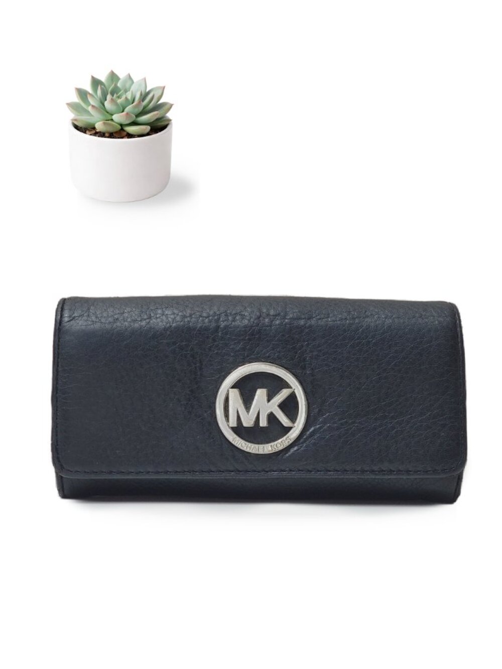 Michael Kors Handbags Black Leather Fulton Carryall Flap Wallet Silver MK Logo